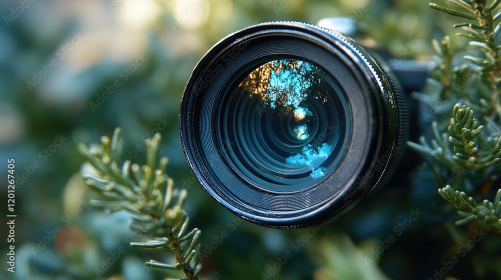 Poster A close-up shot of a camera lens resting on a tree branch, highlighting the intricate details and textures
