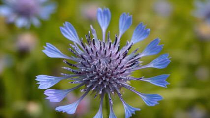 Close-up of a purple thistle flower blooming in a green meadow during spring