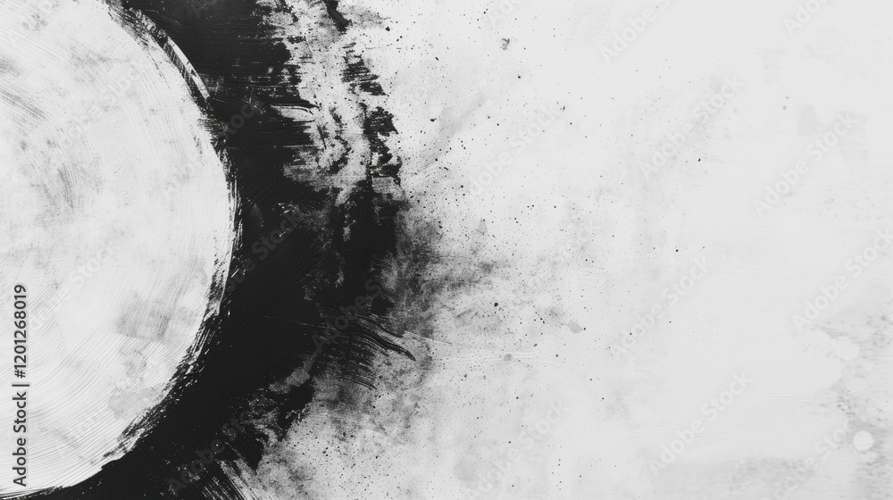 Poster circular brushstroke showcases an interplay of black and white, emphasizing depth and texture across