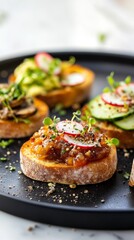 Varied appetizers on toasted bread topped with fresh vegetables and garnishes