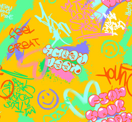Abstract seamless chaotic pattern with urban graffiti words, scuffed and sprays. Grunge texture background. Wallpaper . Fashion sport style