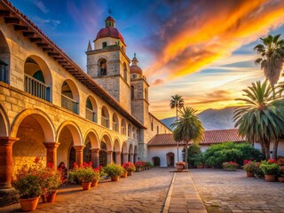 Naklejka premium Majestic Santa Barbara Mission: Sunlit Courtyard & Spanish Architecture Stock Photo