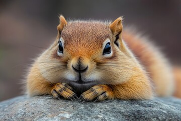 Fototapeta premium A close-up view of a squirrel sitting on a rock