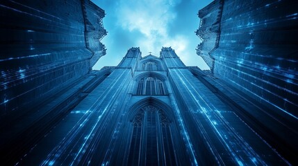 Gothic Architecture Meets Modern Technology Digital Network Flowing Over Cathedral Facade