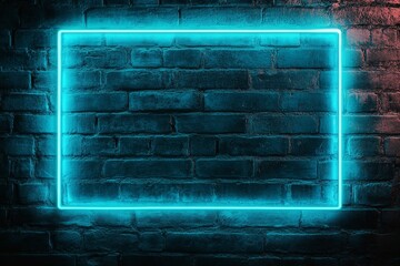 Glowing cyan neon rectangular frame on dark brick wall.
