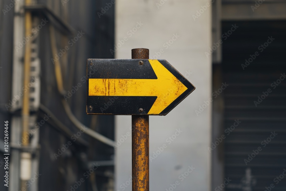 Poster yellow and black arrow sign points the way to the entrance of a building