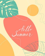 Naklejka premium Hello Summer card with yellow sun and palm leaf, boho style, hand drawn lettering. Vector illustration