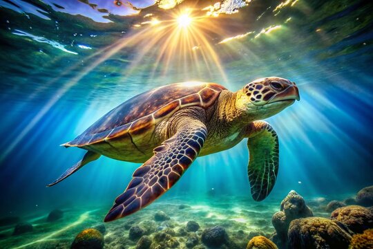 Majestic Sea Turtle Swimming in Ocean, Wildlife Photography Stock Image