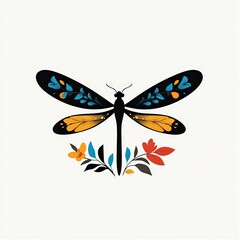 Obraz premium Colorful illustration of a dragonfly surrounded by vibrant flowers and leaves