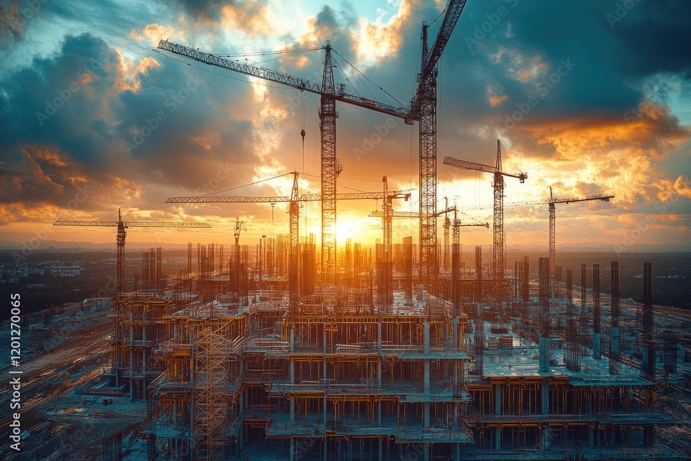Aufkleber Crane operators working on a large-scale construction project as the sun sets in the background