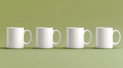 Five White Mugs Mockup. A set of five clean, pristine white mugs arranged in a straight line against a soft green background, offering a versatile canvas for branding, product design.