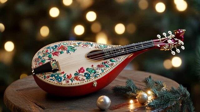 Beautifully crafted mandolin with intricate floral designs sits on a wooden table surrounded by holiday decorations