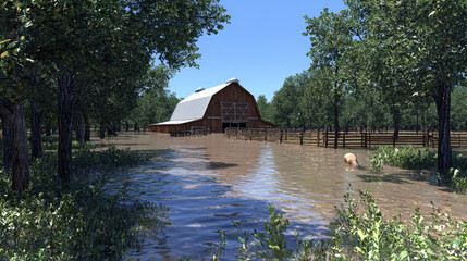 Flooded farmland with a barn and livestock seeking higher ground