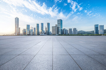 Empty square floor and modern city buildings scenery in Zhuhai. China. Outdoor city background.