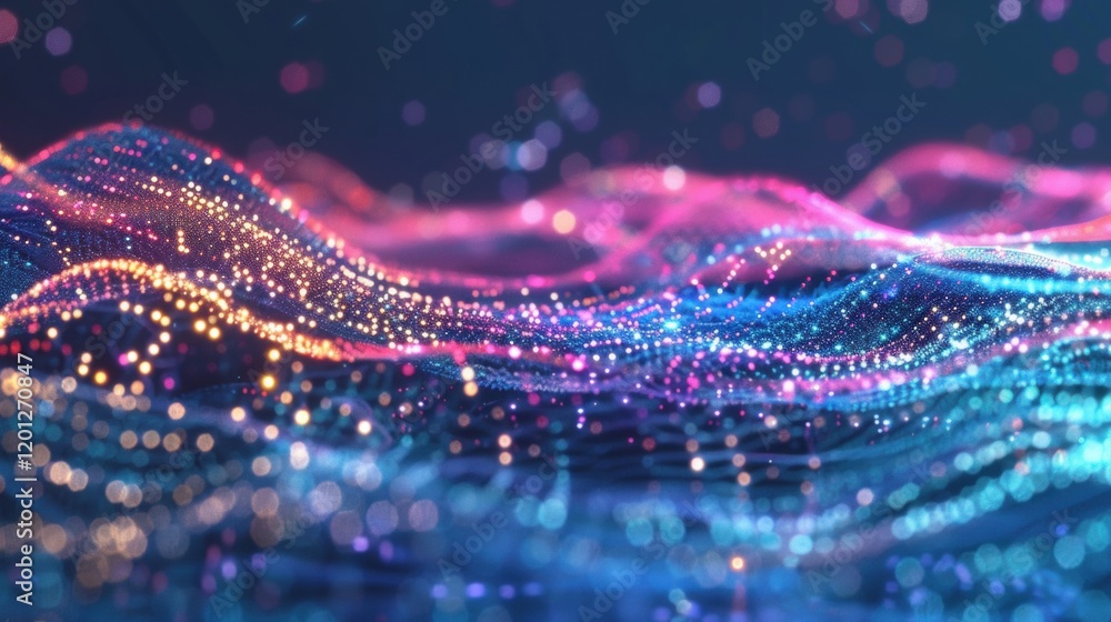 Poster vibrant neon light waves flow in an abstract formation, creating a mesmerizing spectacle of color an