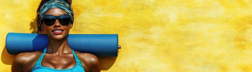 Naklejka premium Woman yoga mat summer sun outdoor workout wellness