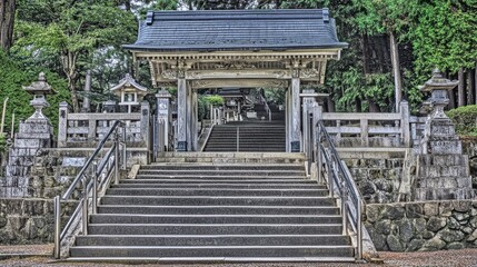 Fototapeta premium Majestic Japanese Temple Entrance with Stone Steps and Traditional Gate - A Timeless Architectural Masterpiece