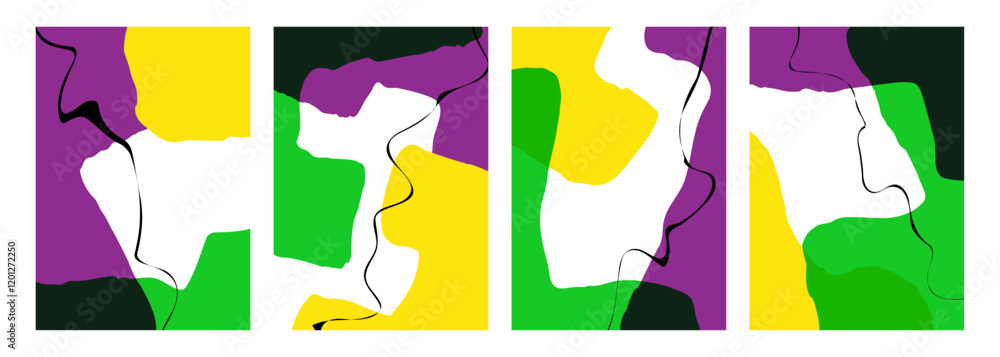 Poster Mardi Gras colors. Set of abstract backgrounds with various curved bright colored shapes and black bent lines for Fat Tuesday creative graphic design. Vector illustration.