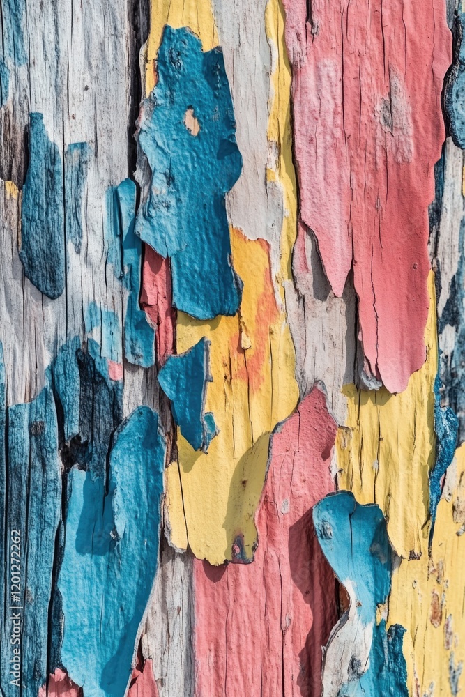 Poster Close-up shot of tree bark showing peeling paint, suitable for use in various contexts such as architecture, design, or science
