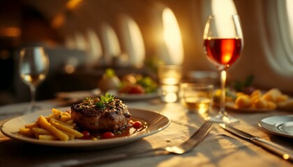 A lavish meal tastefully arranged on a table within a luxury aircraft, epitomizing the high-end travel and dining experience