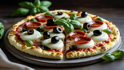 A gourmet keto cauliflower crust pizza topped with mozzarella cheese, pepperoni, olives, and fresh basil, served on a pizza stone with a rustic backdrop