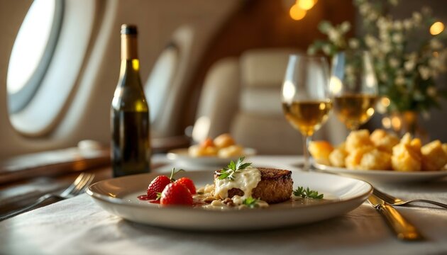 A sophisticated dining arrangement featuring a meal on a table in an airplane, capturing the essence of luxury travel and gourmet cuisine