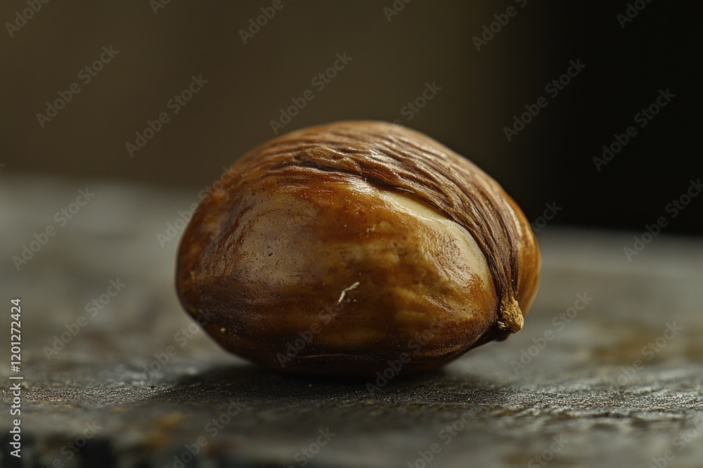 Poster a detailed shot of a nut shell on a table