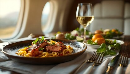 A lavish meal displayed on a table within a luxury aircraft, representing the high-end travel and dining experience