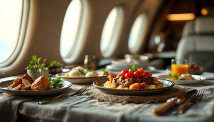 A gourmet meal elegantly presented on a table inside a luxury airplane cabin, showcasing premium travel experience