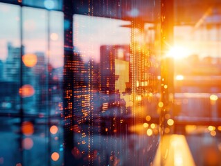 Fototapeta premium Abstract view of a city at sunset with glowing dots on glass walls and bokeh effects