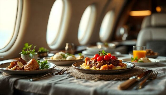 A gourmet meal elegantly presented on a table inside a luxury airplane cabin, showcasing premium travel experience - Powered by Adobe