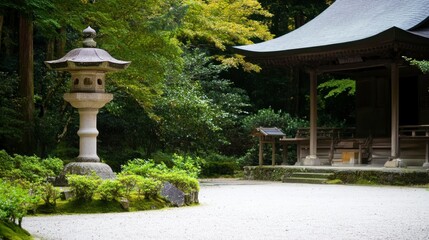 Serene Japanese Temple Garden with Exquisite Stone Lantern and Pagoda - A Peaceful Oasis of Asian Culture