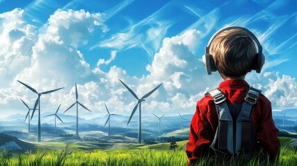 A child in headphones gazes at a landscape filled with wind turbines under a vibrant sky, symbolizing a connection to nature and renewable energy.