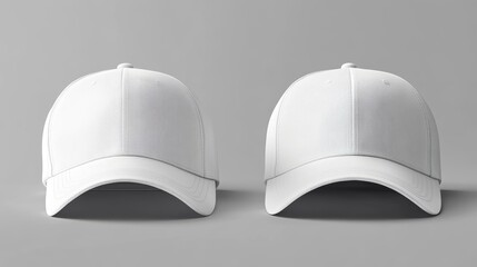 Blank Baseball Caps. Two pristine white baseball caps, perfect for branding or design mockups, sit side by side in a minimal, professional setting.  The caps are arranged for clear visibility.