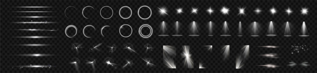 Light effects. Isolated white transparent light effects, glare, explosion, sparkle, dust, line, solar flare, spark and stars, spotlight, curve rotation. Sunlight, abstract special effect.