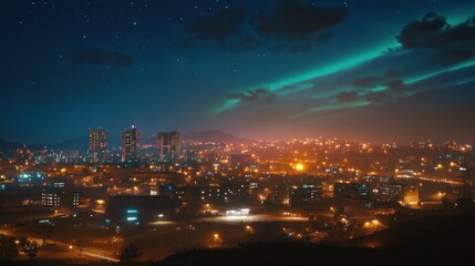 Obraz premium Night cityscape with aurora borealis and starry sky.