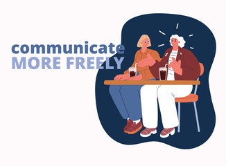 Cartoon vector illustration of two confident women engaged in a conversation at a café, representing empowerment, friendship, and meaningful communication over dark background