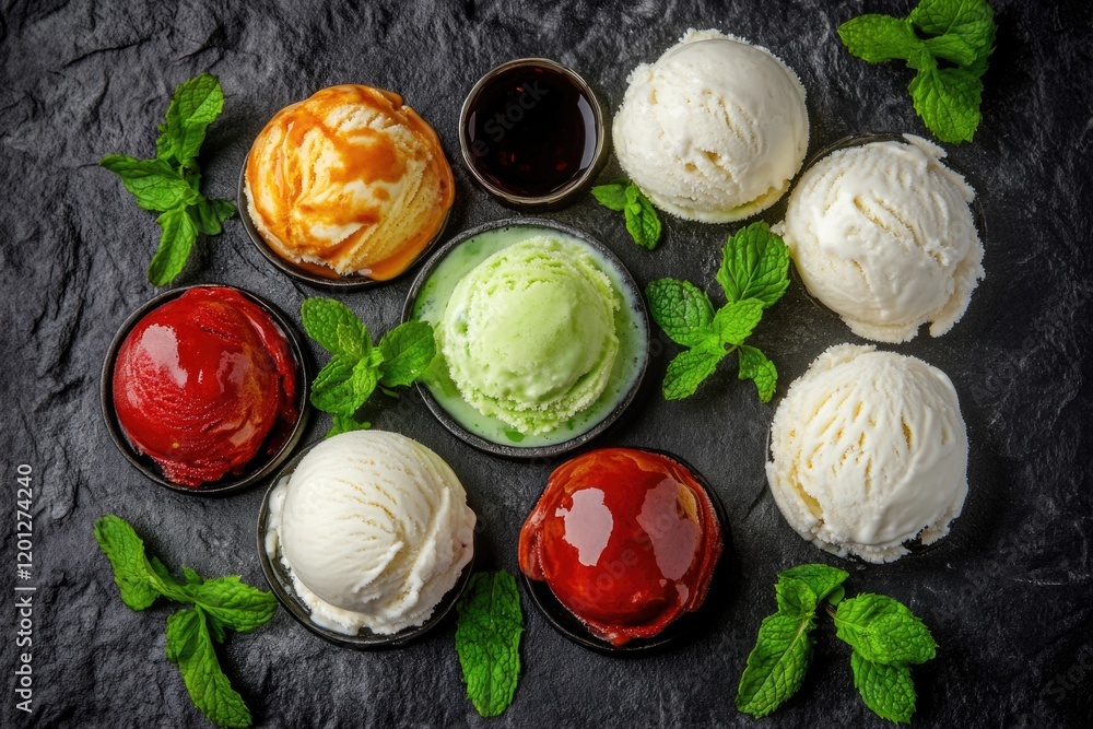 Poster a selection of colorful ice cream flavors and toppings on a table, perfect for a party or event