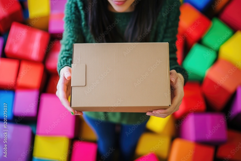 Poster a woman holds a box in front of a stack of colorful cubes, possibly for storage or display