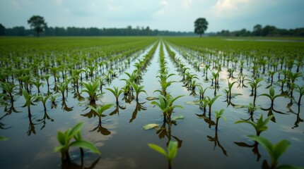 close-up of flooded farmland, showcasing waterlogged fields and submerged crops
