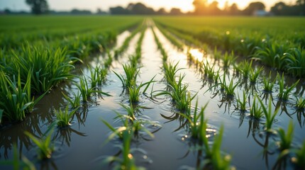 close-up of flooded farmland, showcasing waterlogged fields and submerged crops