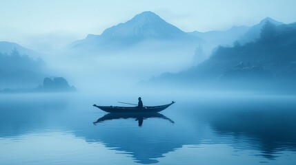 Solitary figure in a boat on a misty lake, mountains in the background.