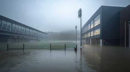 Flooded sports field and buildings in fog