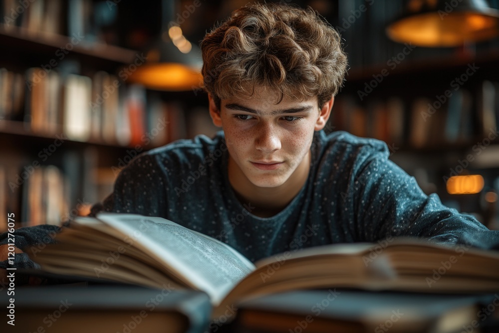 Poster a person studying in a quiet library setting with books and shelves
