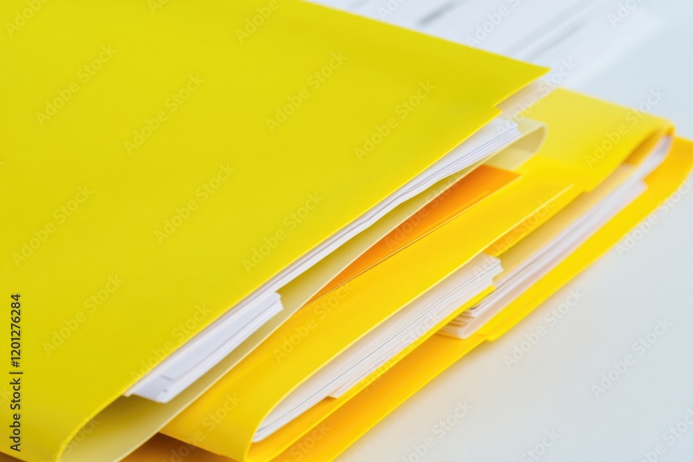 Poster A stack of yellow folders piled high, perfect for organizing documents or storing files