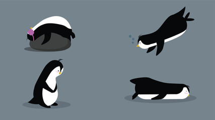 Penguin character in different poses. Vector illustration of a cute penguins. Isolated on grey background