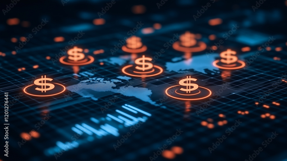 Poster global finance network: a digital rendering showcases a futuristic network of glowing dollar signs i