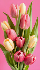 Obraz premium Tulip flowers fresh in the spring bouquet against pink background ,made with, vintage, with white tones