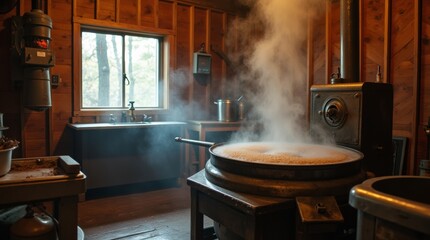 Interior view of a rustic sugar shack with a large metal evaporator boiling maple sap, steam filling the room, wooden walls, cozy and traditional atmosphere.