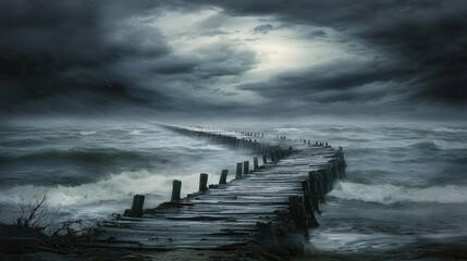 Fototapeta premium Stormy Seascape: Wooden Jetty in Tempest